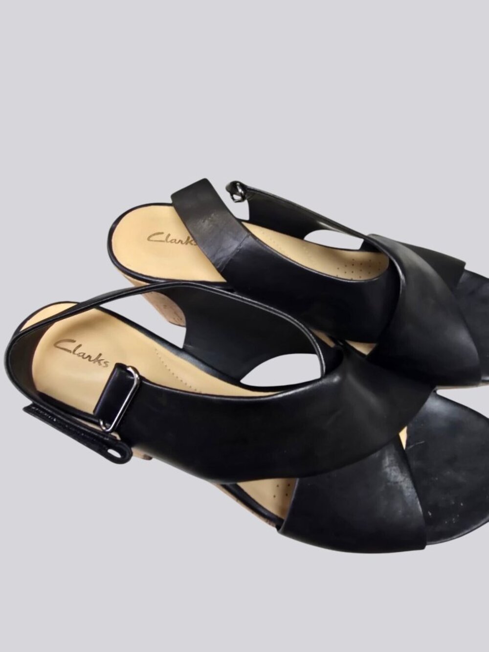 Clarks Black Leather Cork Wedge Sandals Adjustable Strap Size 9.5 M Women’s - Picture 5 of 11
